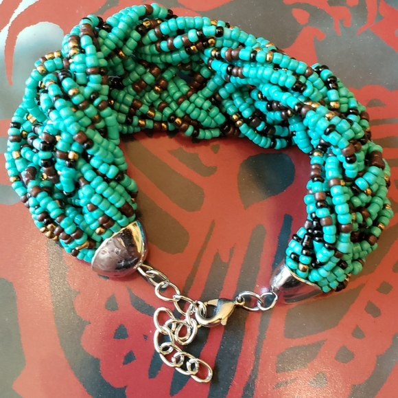 Vintage Turquoise Bracelet Braided a Glass Beads. - Picture 2 of 6